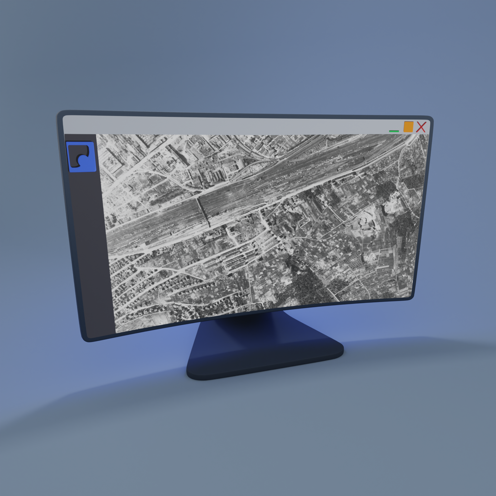Monitor mit einem historischen Luftbild aus dem Archiv auf einem blauen Hinter- und Untergrund.
